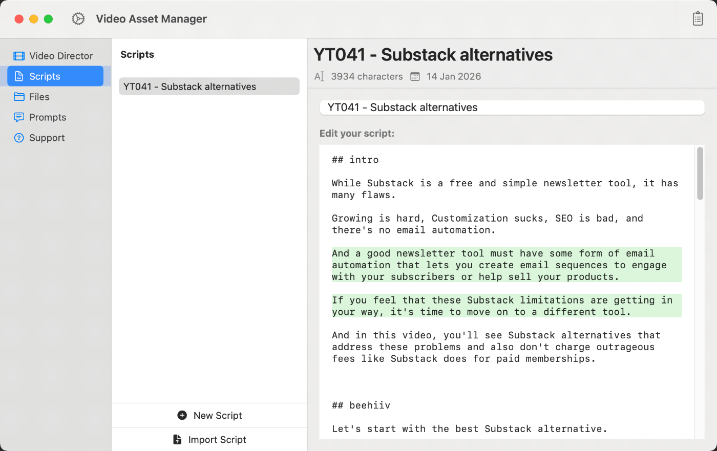 Video Asset Manager Scripts tab.