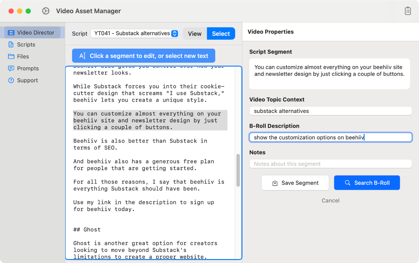 Video Asset Manager Video Director b-roll search.