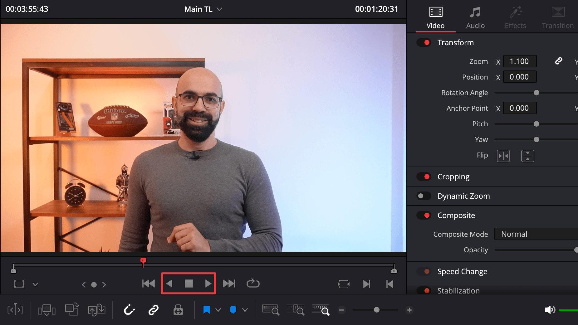 Davinci Resolve screenshot showing the playback buttons tied to the JKL shortcuts.