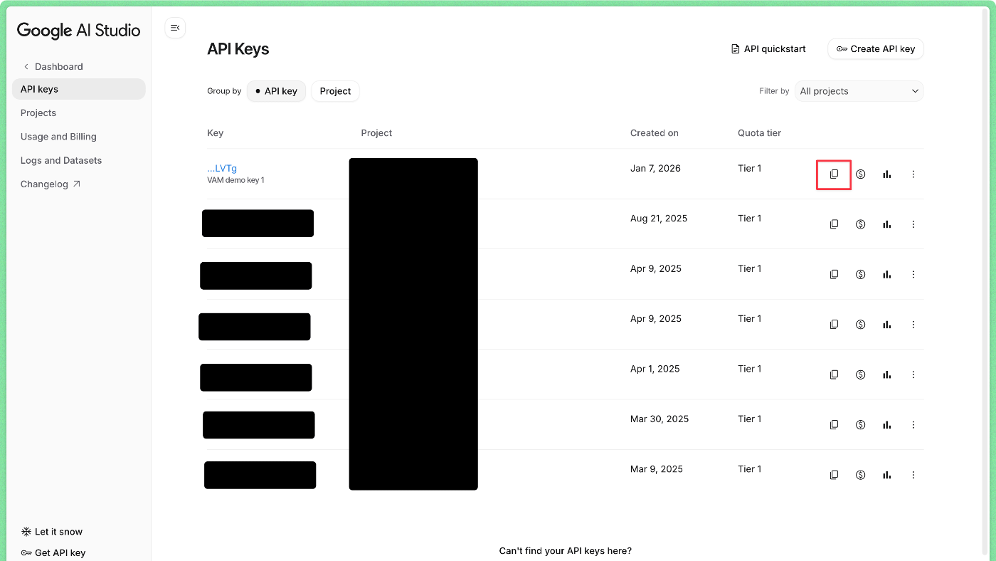 Google AI Studio dashboard api keys.