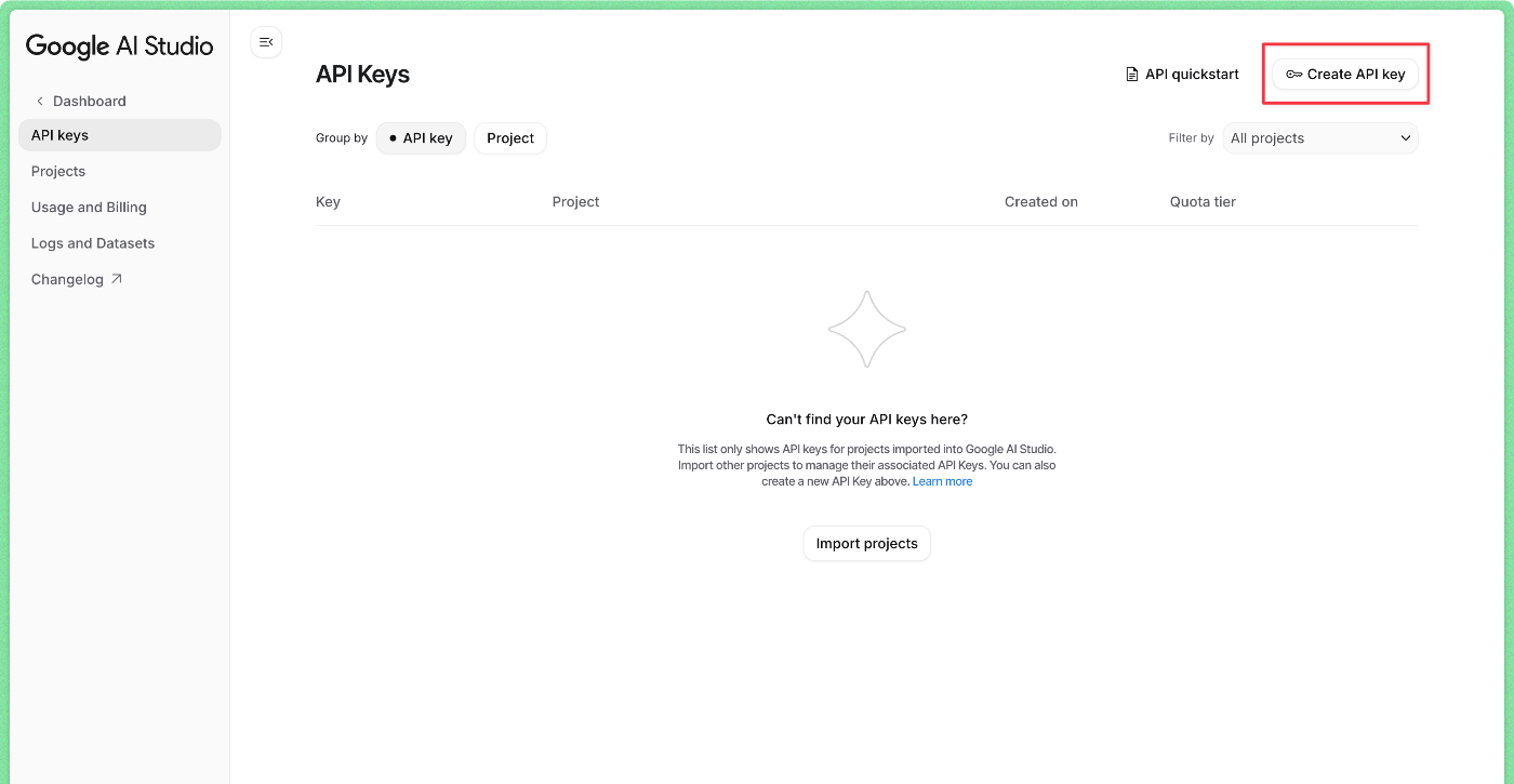 Google AI Studio empty dashboard.