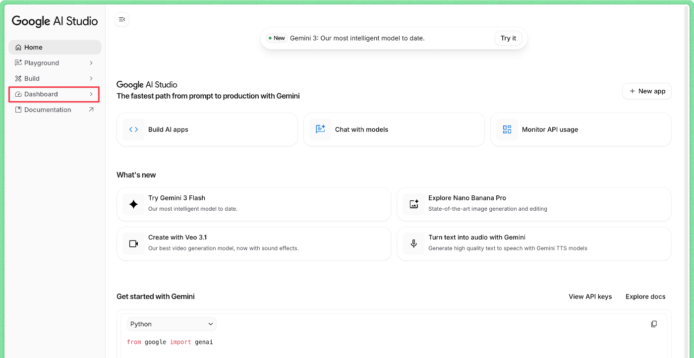 Google AI Studio home.