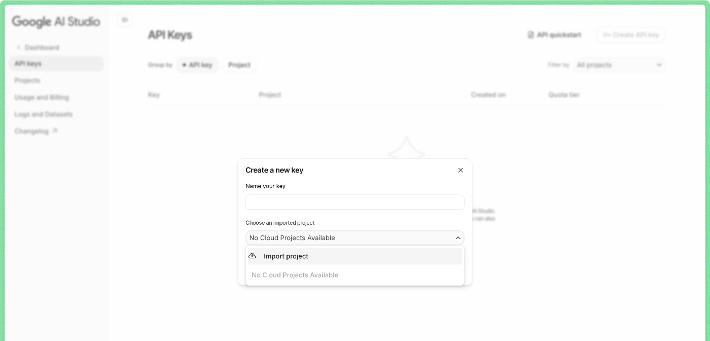 Google AI Studio import step 1.
