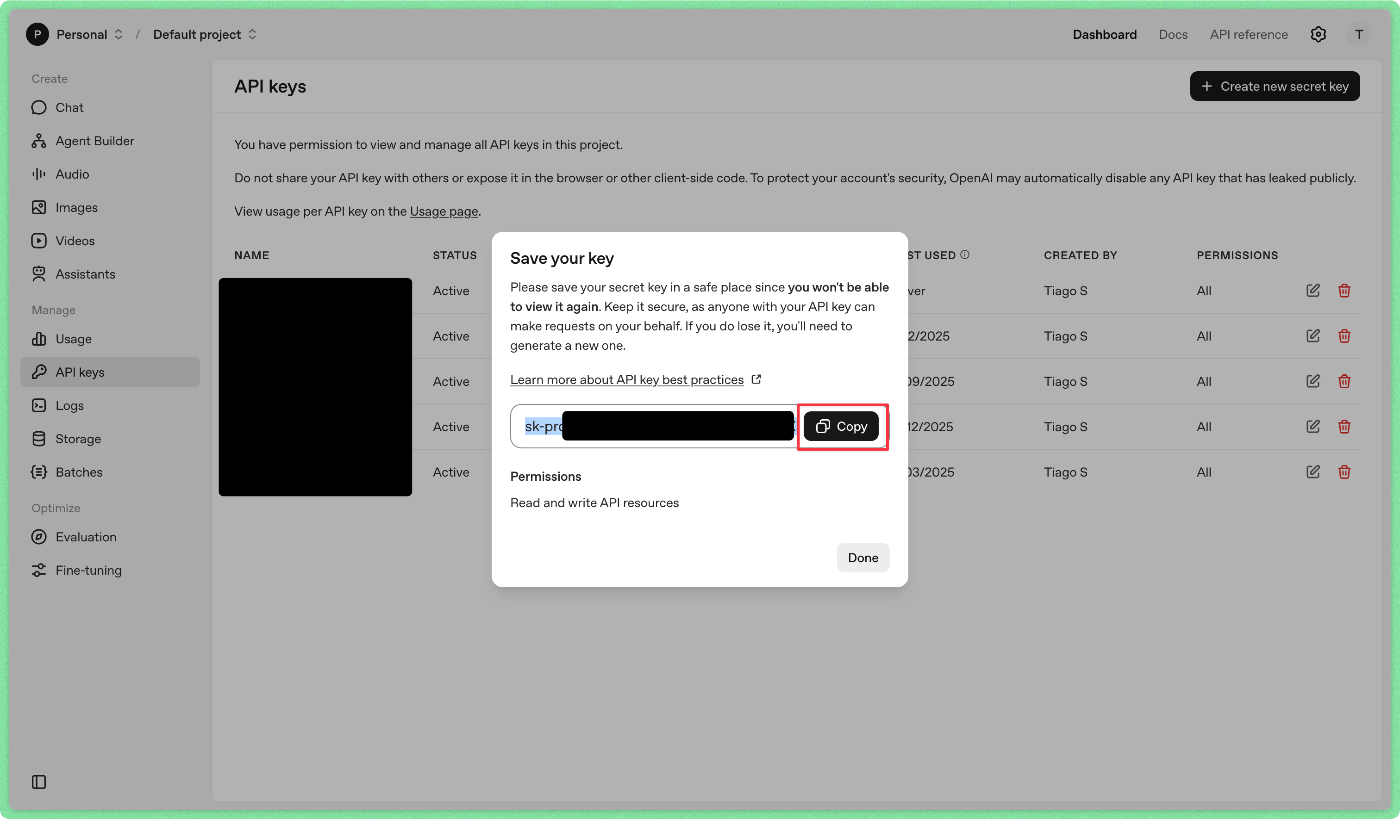 openai secret api key save step.