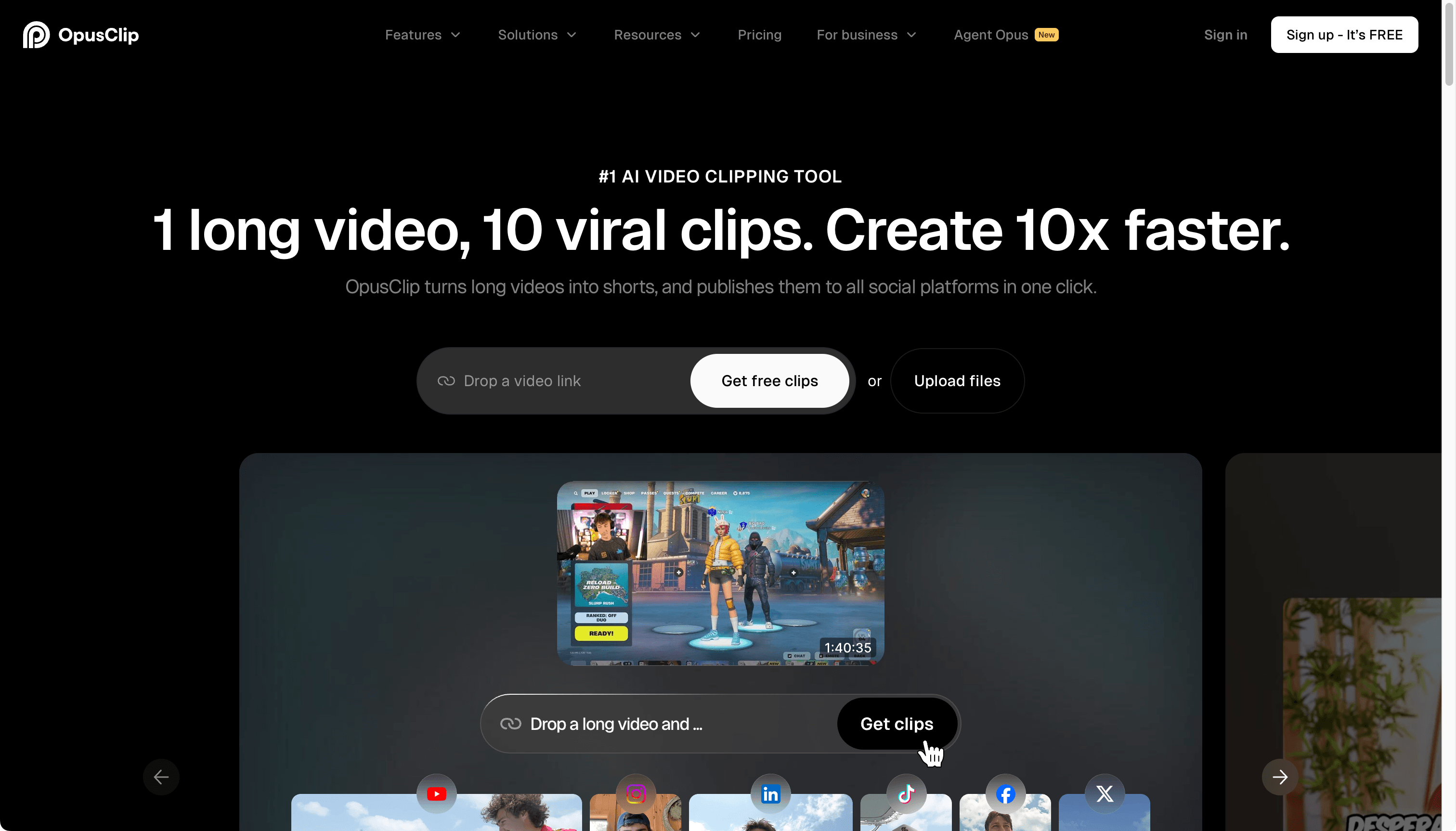 Opus Clip homepage screenshot