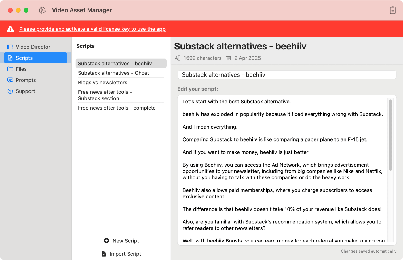 Video Asset Manager app empty license key banner.