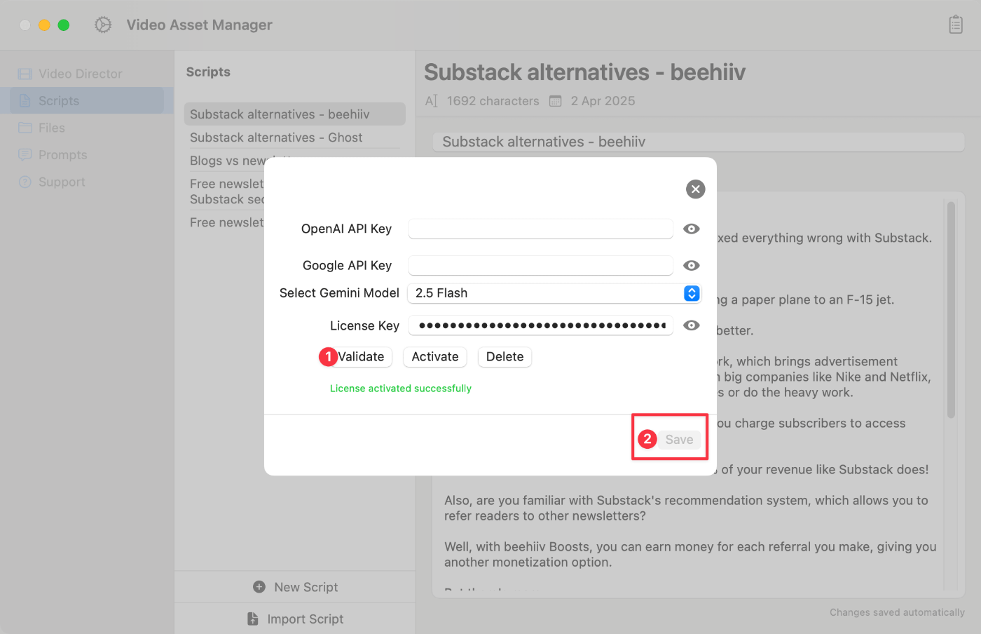Video Asset Manager app license key activated.