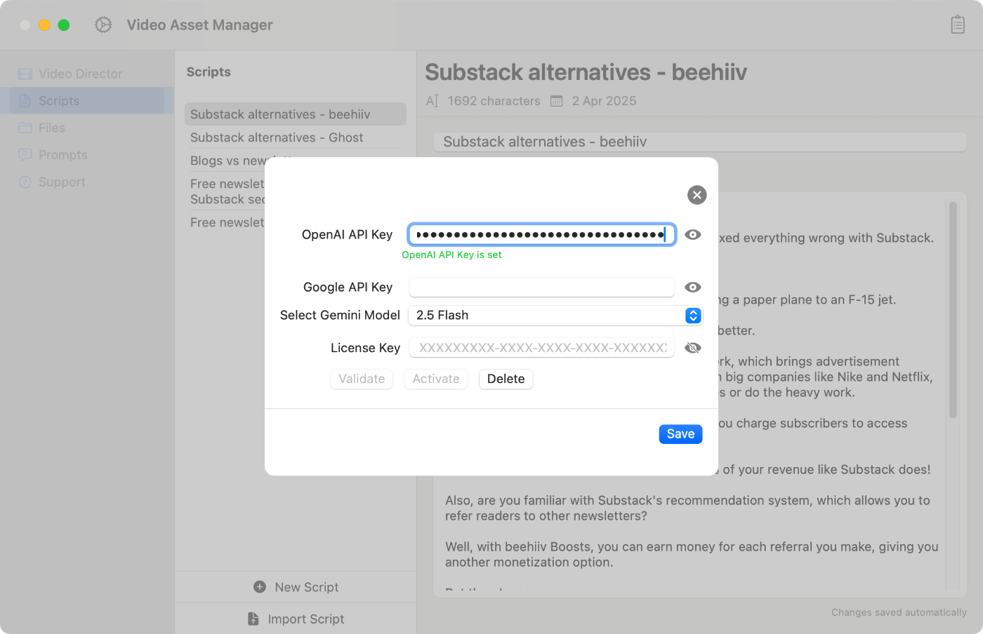 Video Asset Manager openai api key set.