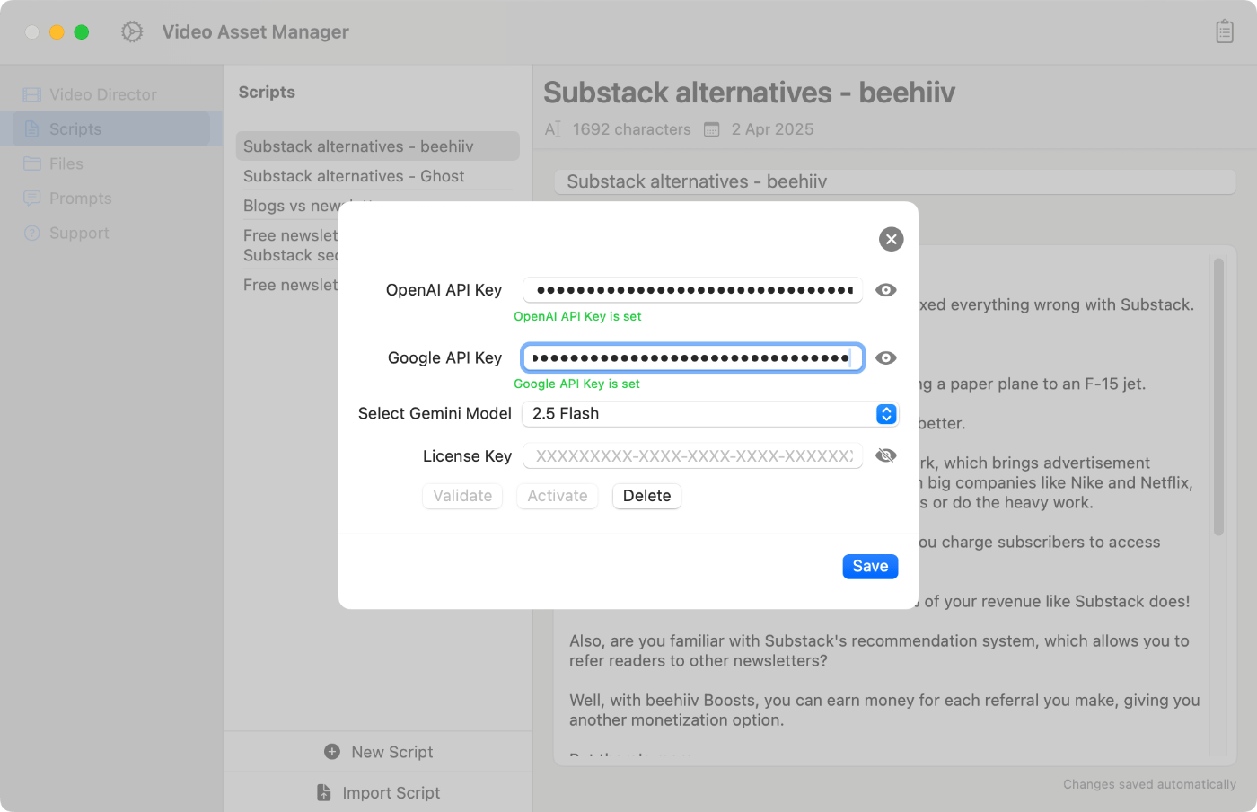 Video Asset Manager settings both api keys set.