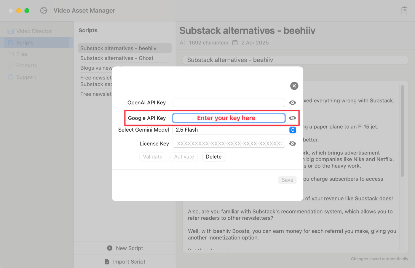 Video Asset Manager settings google field.