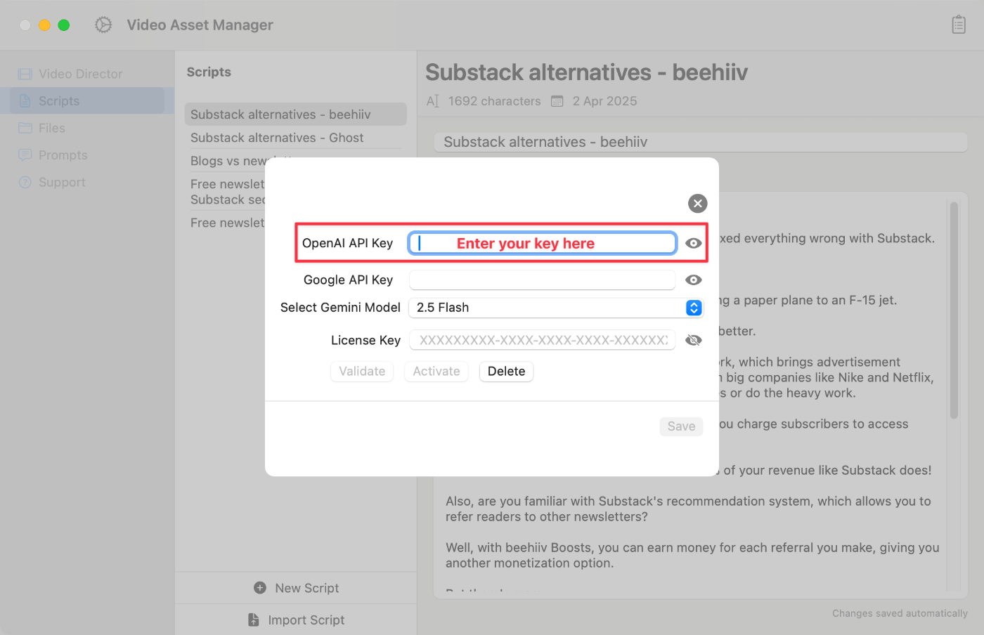 Video Asset Manager settings openai field.