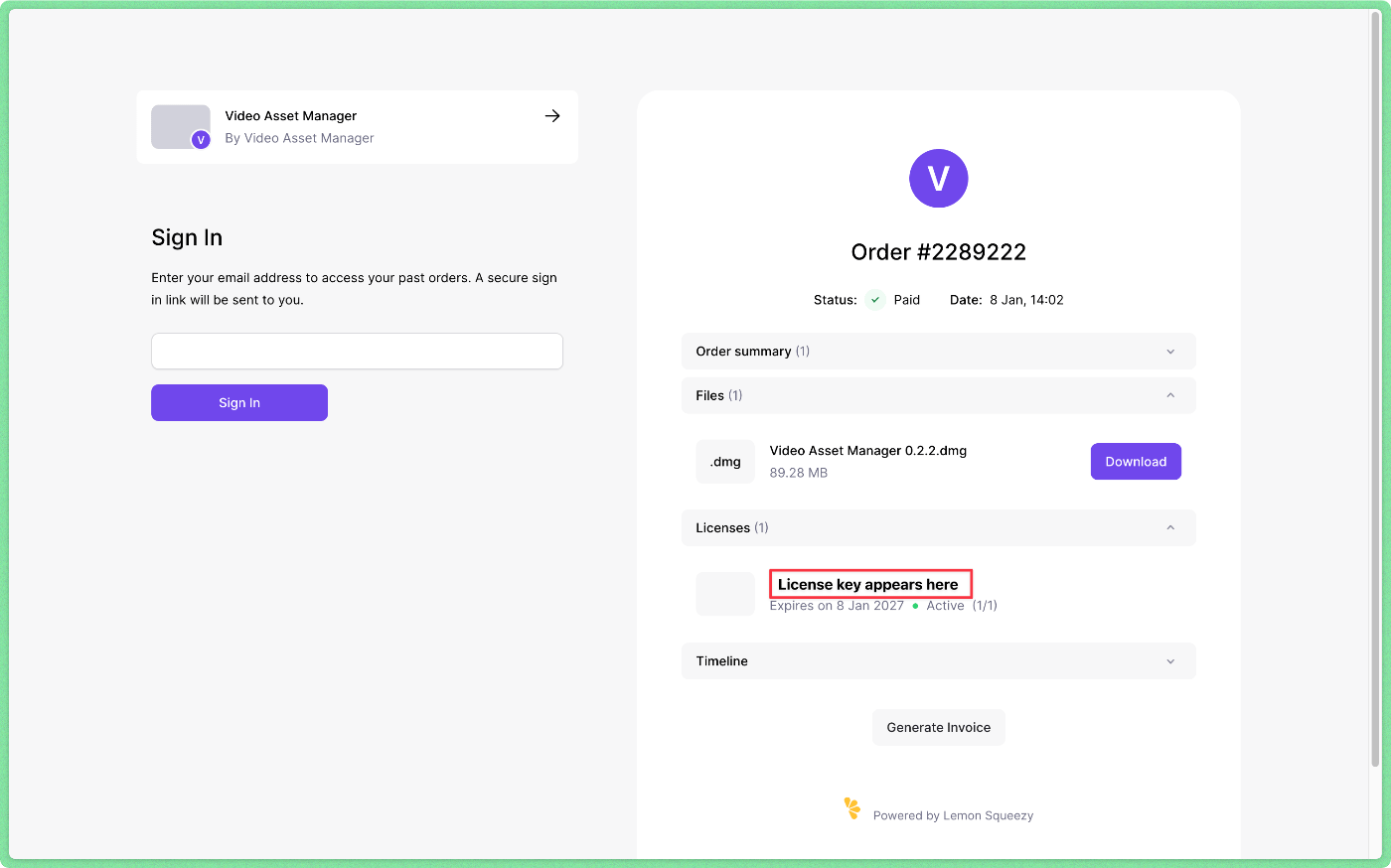 Video Asset Manager store order confirmation.