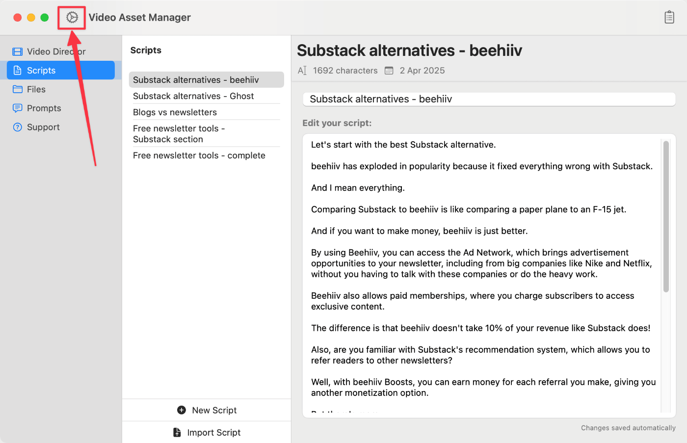 Video Asset Manager open settings.