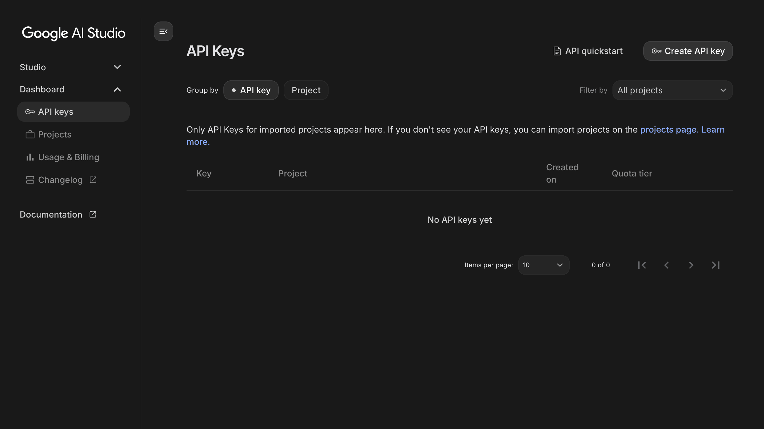 Google AI Studio screen using the Api Key screen