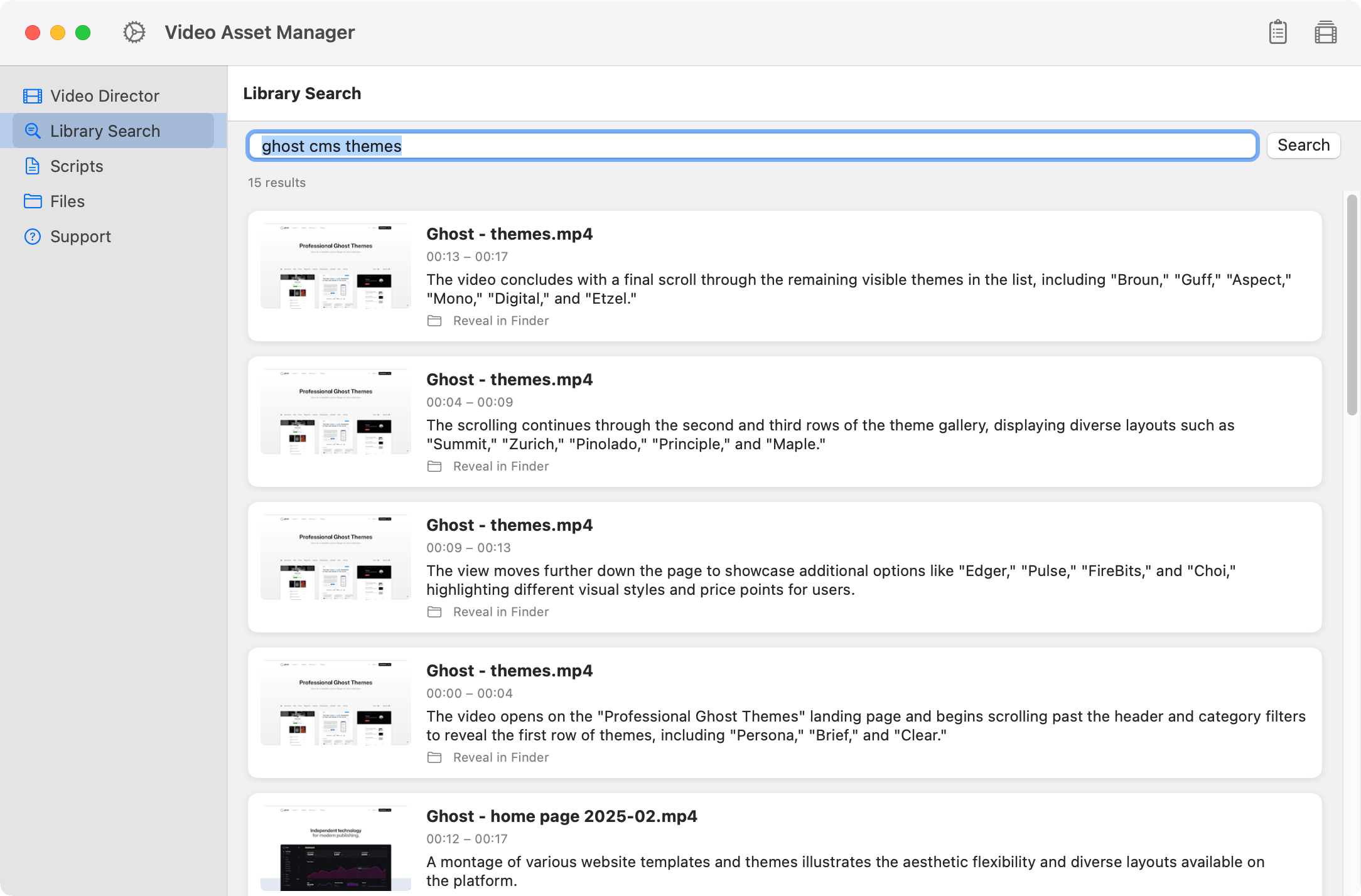 Screenshot of Video Asset Manager showing a search for b-roll clips, with results displaying video previews, names, timestamps, and short descriptions of each matching clip.