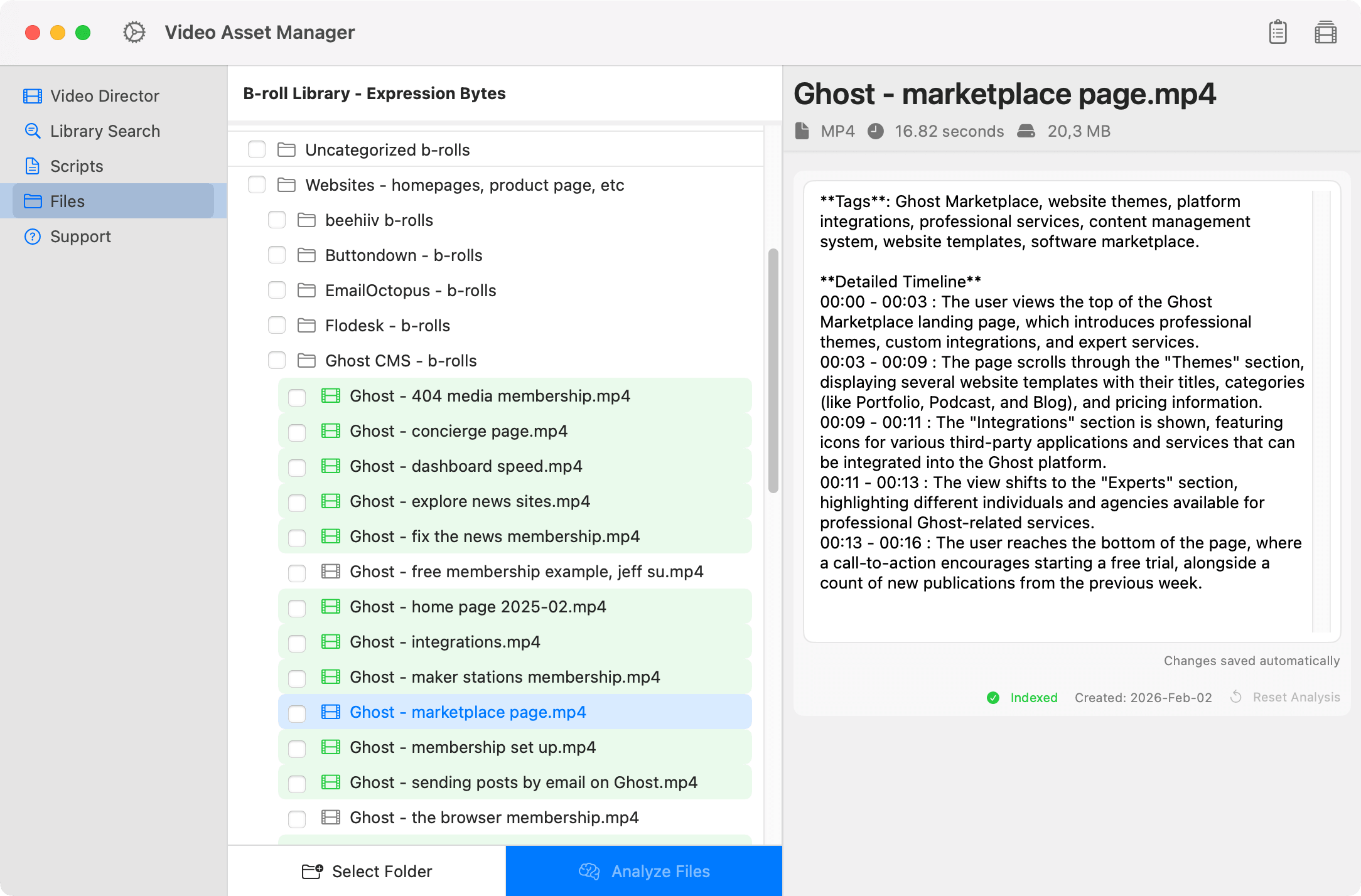 Screenshot of Video Asset Manager showing the b-roll video name on the left and a detailed analysis panel on the right, including tags and a timestamped description of the clip's content.