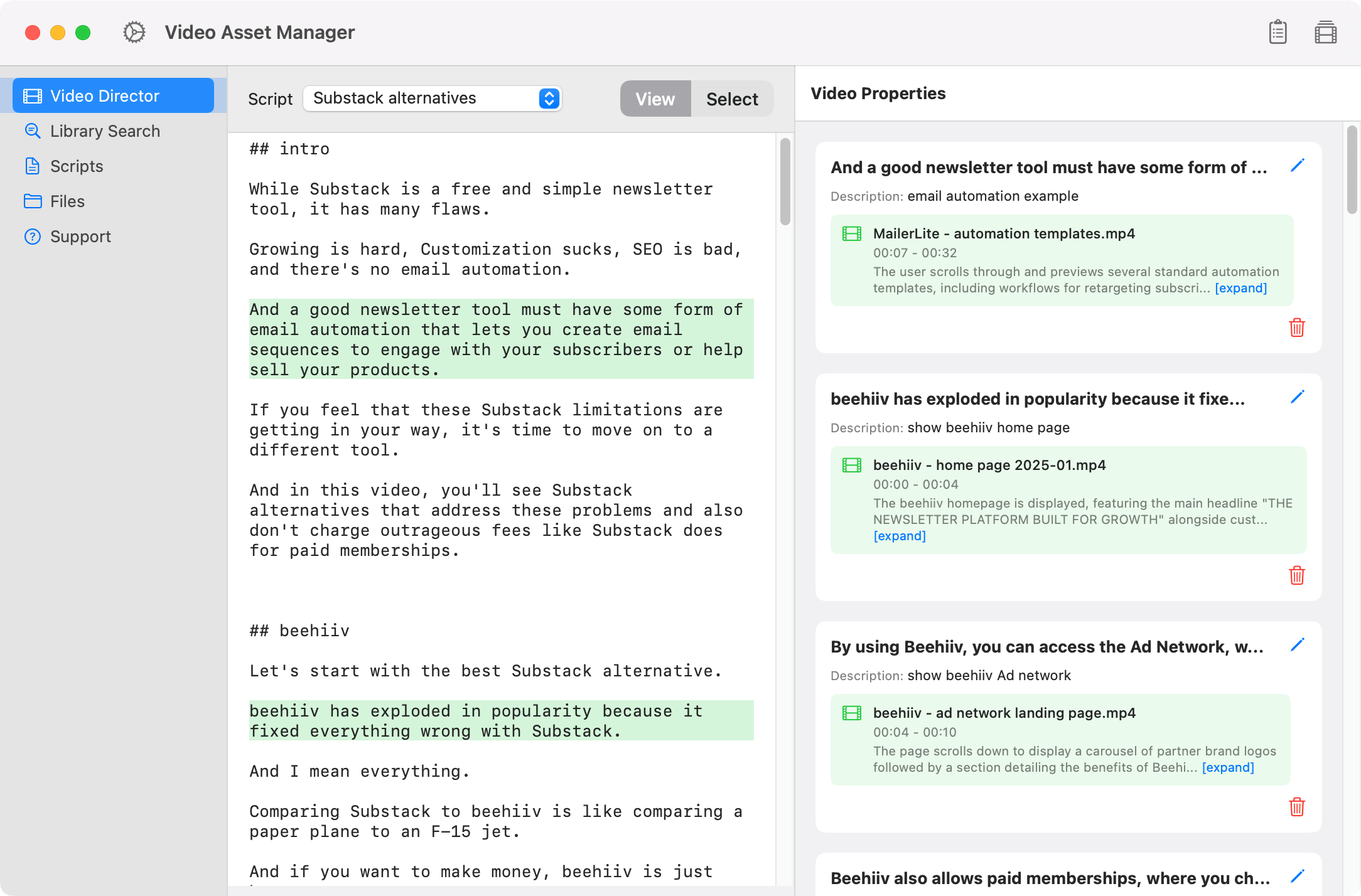 Screenshot of Video Asset Manager showing a search for b-roll clips, with results displaying video previews, names, timestamps, and short descriptions of each matching clip.